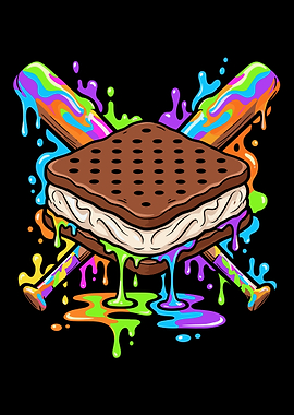 Ice Cream Sandwich colorful drip with Baseball Bats dripping paints