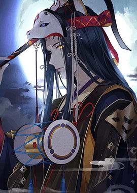 Anime character with fox mask and drum