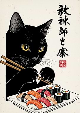 Black Cat Eating Sushi with Chopsticks
