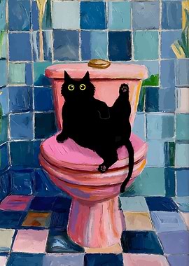 Black cat on pink toilet painting