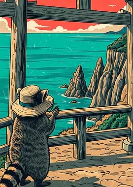 Raccoon with hat looking at sea