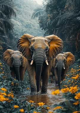 Elephants walking through jungle stream