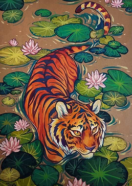 Tiger in Lily Pond Painting