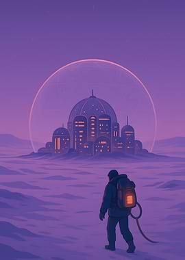 Astronaut approaching futuristic city on Mars