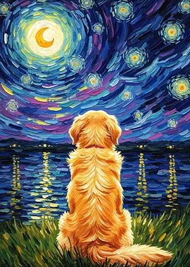 Golden Retriever Starry Night Painting