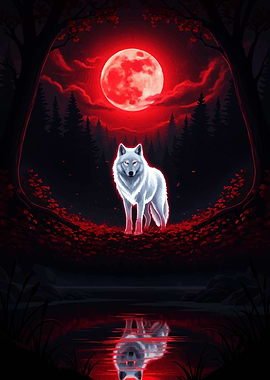 White Wolf Under Red Moon