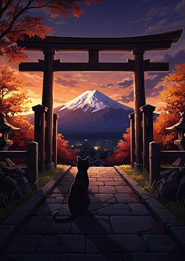 Cat gazing at Mount Fuji at sunset