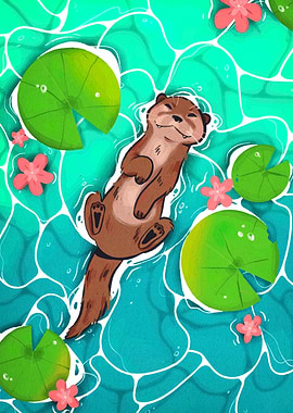Otter Floating in Water with Lilypads