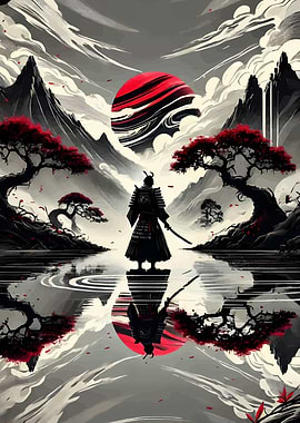 Samurai Reflection in Monochrome Landscape