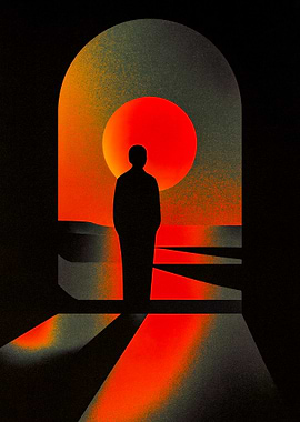 Silhouette by Archway with Red Sun