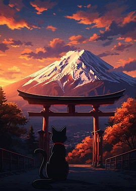 Cat gazing at Mount Fuji sunset
