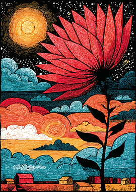 Surreal Flower Landscape with Starry Sky