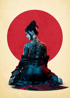 Tattooed Woman with Japanese Flag Backdrop