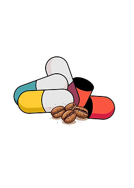 Coffee beans and pills illustration