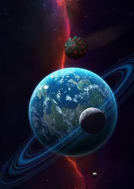 Earth-like planet with rings and moon