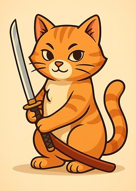 Cartoon Cat Samurai with Katana