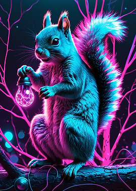 Neon Squirrel with Glowing Bulb