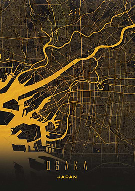 Osaka, Japan City Map in Black and Gold - Japanese Urban Art Print