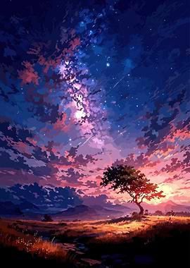 Night Sky Landscape with Tree