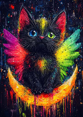 Colorful Cat on Crescent Moon