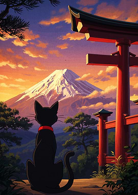 Black Cat Gazing at Mount Fuji