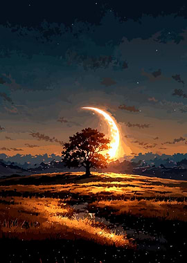 Tree Silhouette Under Crescent Moon