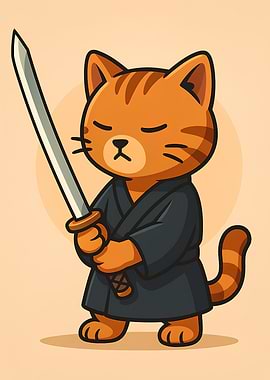 Cartoon Cat Samurai with Katana