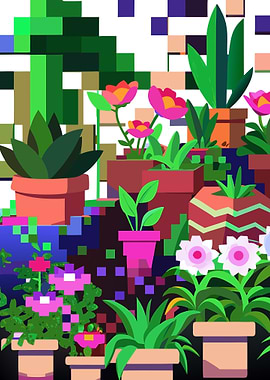 Pixelated Potted Plants and Flowers Illustration Metal Wall Art