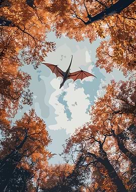 Dragon soars through autumn forest canopy