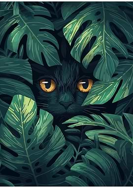 Black Cat Hidden in Tropical Leaves