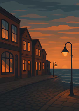 Coastal Town at Sunset Illustration