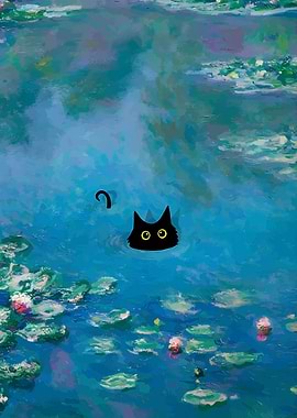 Black Cat in Monet's Water Lilies
