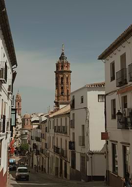 Spain Antequera street view with church tower
