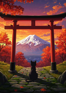 Black Cat Gazing at Mount Fuji