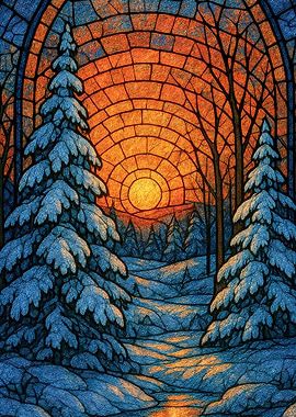 Stained Glass Winter Forest Sunset
