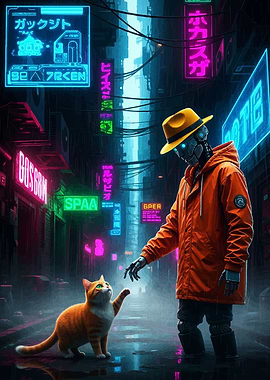 Cyberpunk Robot and Cat in Neon City