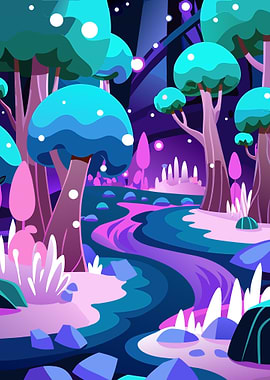 Cyberpunk Fantasy Forest Illustration with Glowing Crystalline Trees and Neon Colors Metal Wall Art