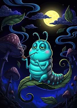 Caterpillar Smoking Pipe in Mushroom Forest