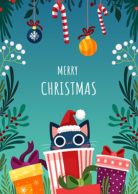 Merry Christmas Cat in Gift Box
