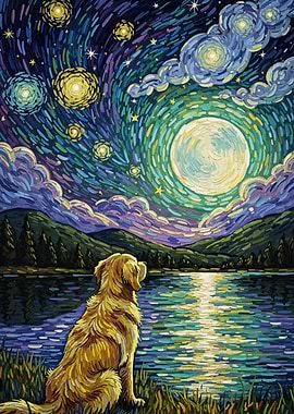 Dog Gazing at Moonlit Lake Painting
