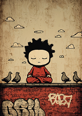 Meditating Child with Pigeons and Graffiti