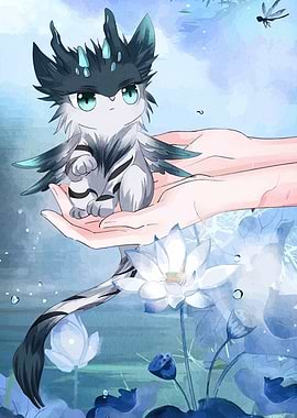 Cute Fantasy Creature in Lotus Pond