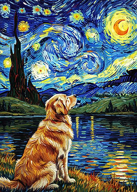 Golden Retriever Starry Night Painting