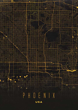 Phoenix, Arizona Golden Grid Map - USA Urban Streets in Black and Gold