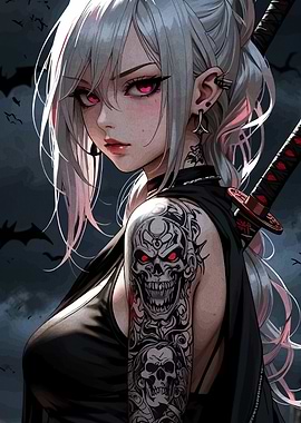 Anime Girl with Skull Tattoo and Katana