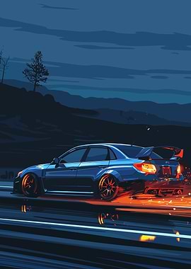 Blue Car Speeding at Night