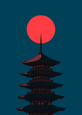 Japanese Pagoda Silhouette with Red Sun