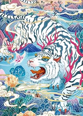 White Tiger in Asian Landscape Art