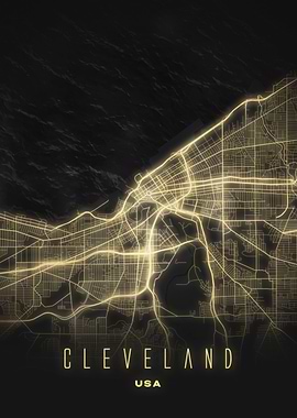 Cleveland Night Map City Print - Glowing Grid Lines Lakefront USA