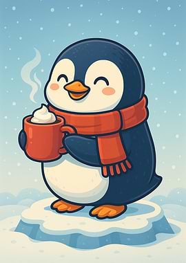 Cute Penguin with Hot Chocolate Cartoon